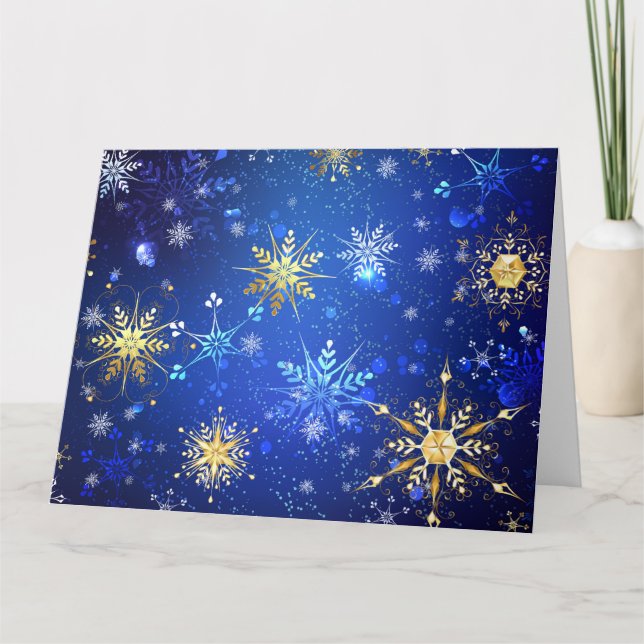 XMAS Blue Background with Golden Snowflakes Card (Front)