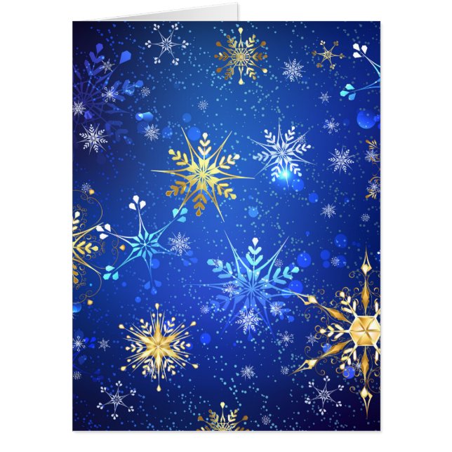 XMAS Blue Background with Golden Snowflakes Card (Front)