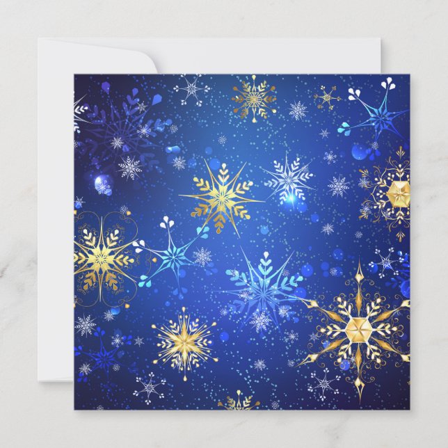 XMAS Blue Background with Golden Snowflakes Card (Front)