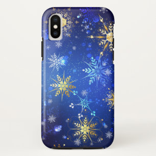 XMAS Blue Background with Golden Snowflakes iPhone XS Case