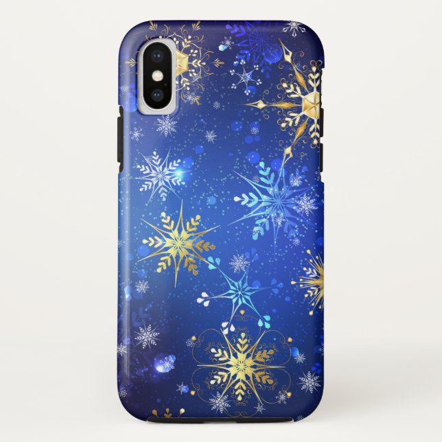 XMAS Blue Background with Golden Snowflakes Case-Mate iPhone Case (Back)