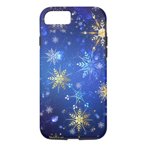 XMAS Blue Background with Golden Snowflakes iPhone 87 Case