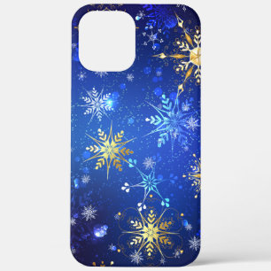 XMAS Blue Background with Golden Snowflakes iPhone 12 Pro Max Case
