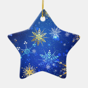 XMAS Blue Background with Golden Snowflakes Ceramic Ornament