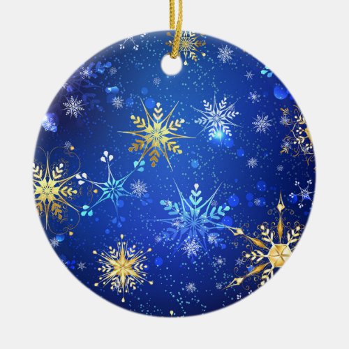 XMAS Blue Background with Golden Snowflakes Ceramic Ornament