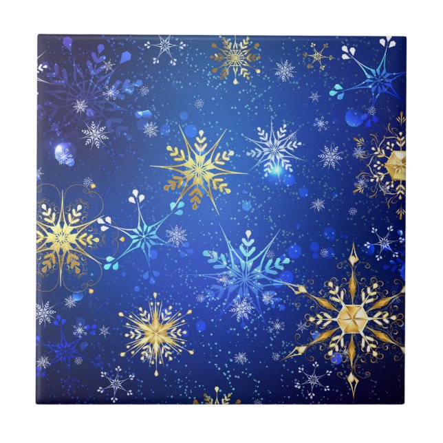 XMAS Blue Background with Golden Snowflakes Ceramic Tile (Front)