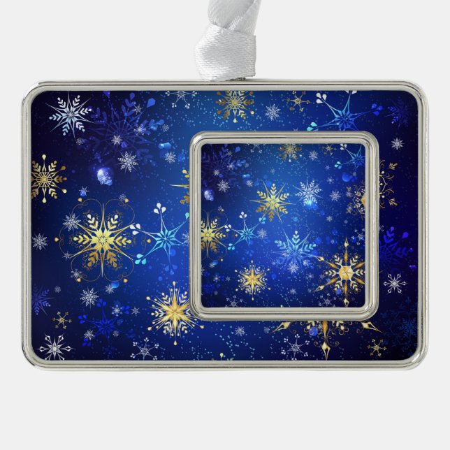 XMAS Blue Background with Golden Snowflakes Christmas Ornament (Front)