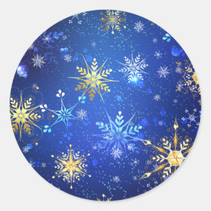 XMAS Blue Background with Golden Snowflakes Classic Round Sticker