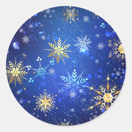 XMAS Blue Background with Golden Snowflakes Classic Round Sticker