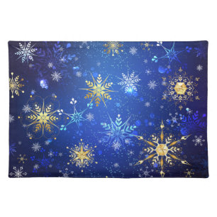 XMAS Blue Background with Golden Snowflakes Cloth Placemat