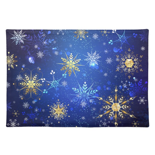 XMAS Blue Background with Golden Snowflakes Cloth Placemat (Front)