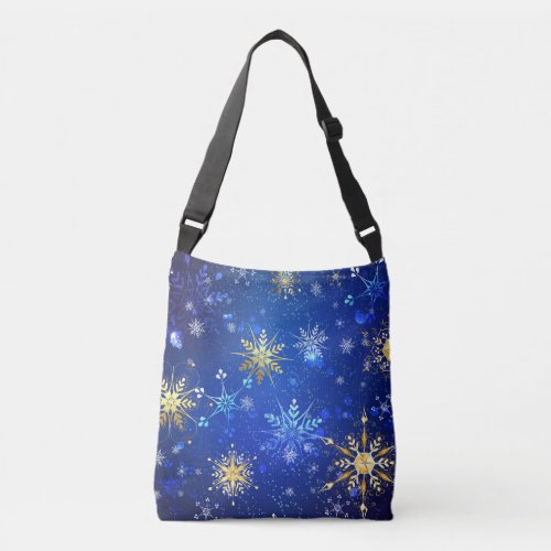 XMAS Blue Background with Golden Snowflakes Crossbody Bag