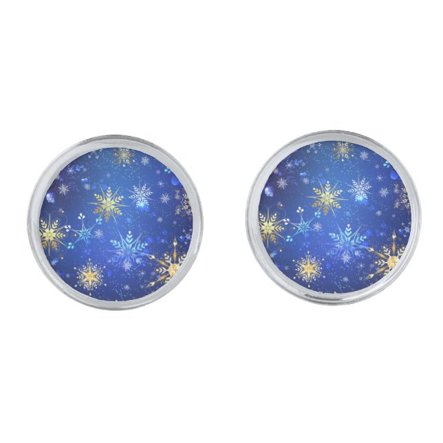XMAS Blue Background with Golden Snowflakes Cufflinks (Front)