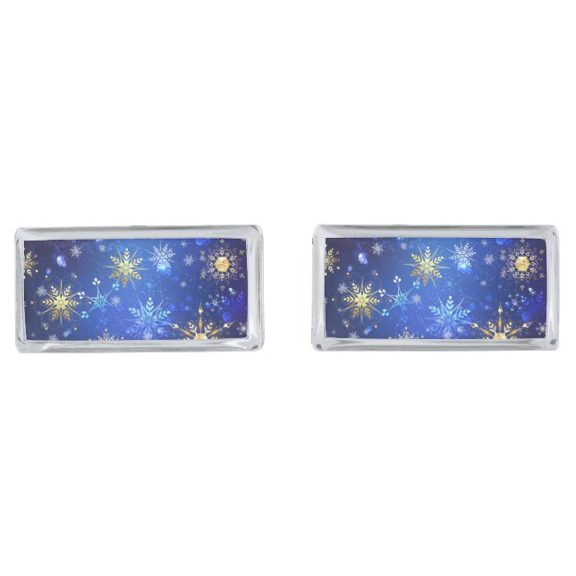 XMAS Blue Background with Golden Snowflakes Cufflinks (Front)