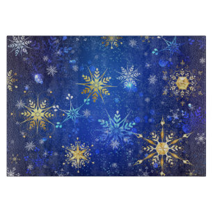 XMAS Blue Background with Golden Snowflakes Cutting Board