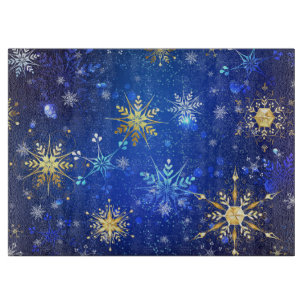 XMAS Blue Background with Golden Snowflakes Cutting Board