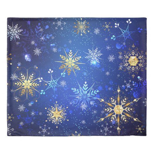 XMAS Blue Background with Golden Snowflakes Duvet Cover
