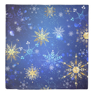 XMAS Blue Background with Golden Snowflakes Duvet Cover