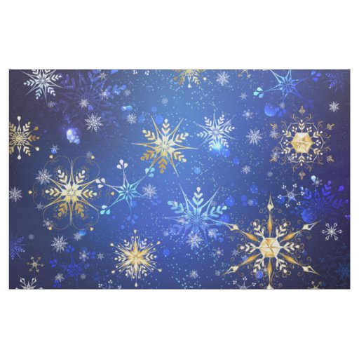 XMAS Blue Background with Golden Snowflakes Fabric