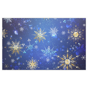 XMAS Blue Background with Golden Snowflakes Fabric