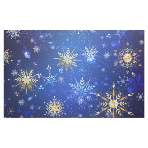 XMAS Blue Background with Golden Snowflakes Fabric
