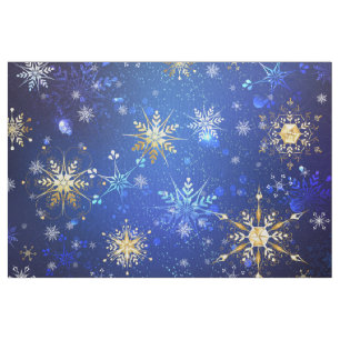 XMAS Blue Background with Golden Snowflakes Fabric