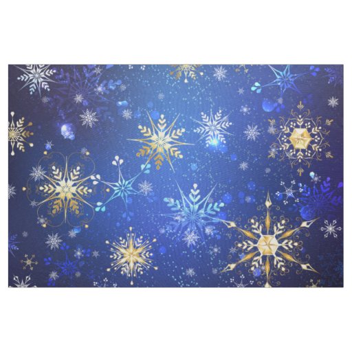 XMAS Blue Background with Golden Snowflakes Fabric