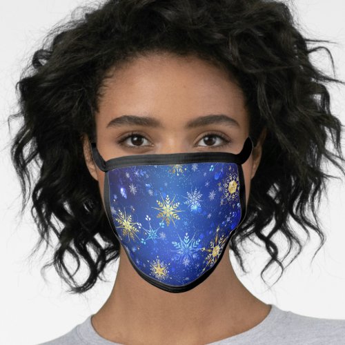 XMAS Blue Background with Golden Snowflakes Face Mask