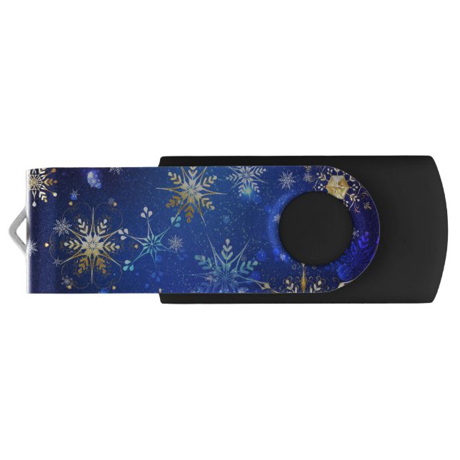 XMAS Blue Background with Golden Snowflakes Flash Drive (Back)