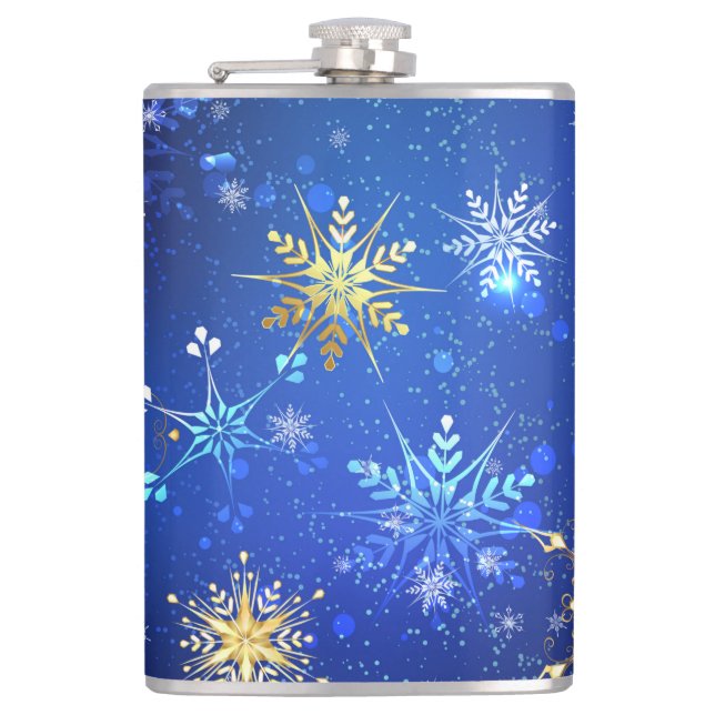 XMAS Blue Background with Golden Snowflakes Flask (Front)