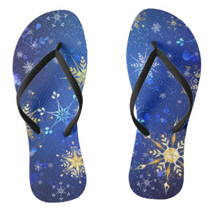 XMAS Blue Background with Golden Snowflakes Flip Flops