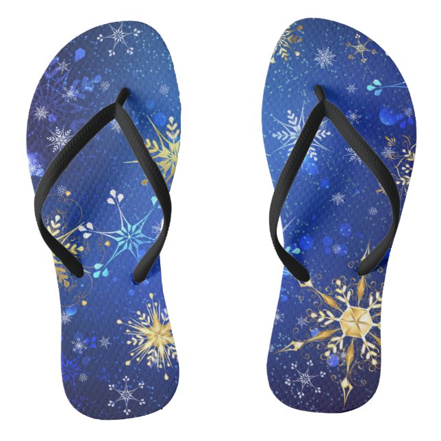 XMAS Blue Background with Golden Snowflakes Flip Flops (Footbed)