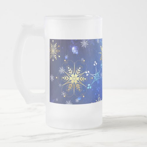 XMAS Blue Background with Golden Snowflakes Frosted Glass Beer Mug