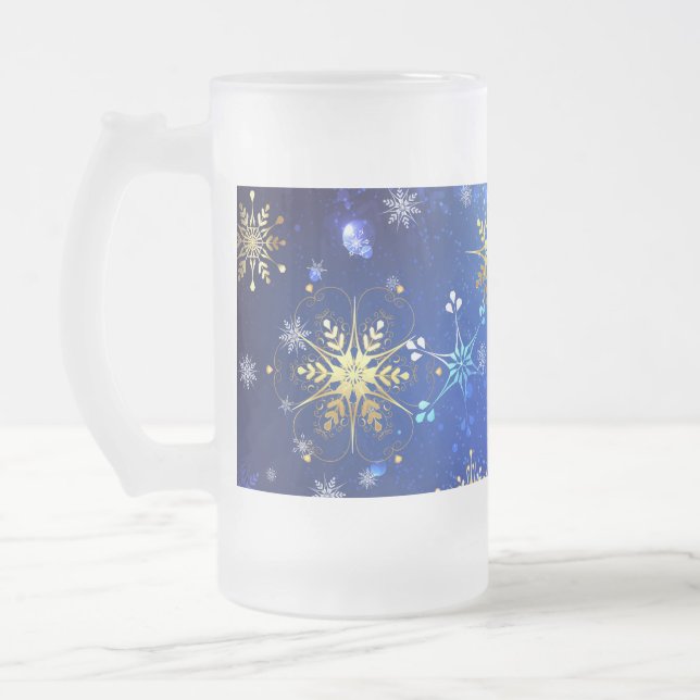 XMAS Blue Background with Golden Snowflakes Frosted Glass Beer Mug (Left)