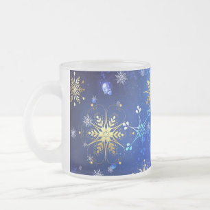 XMAS Blue Background with Golden Snowflakes Frosted Glass Coffee Mug