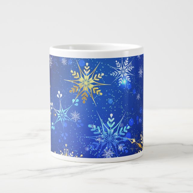 XMAS Blue Background with Golden Snowflakes Giant Coffee Mug (Front)