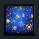 XMAS Blue Background with Golden Snowflakes Gift Box<br><div class="desc">Blue Christmas background with gold and white jewelry snowflakes. Golden snowflakes. XMAS.</div>