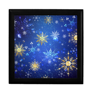 XMAS Blue Background with Golden Snowflakes Gift Box
