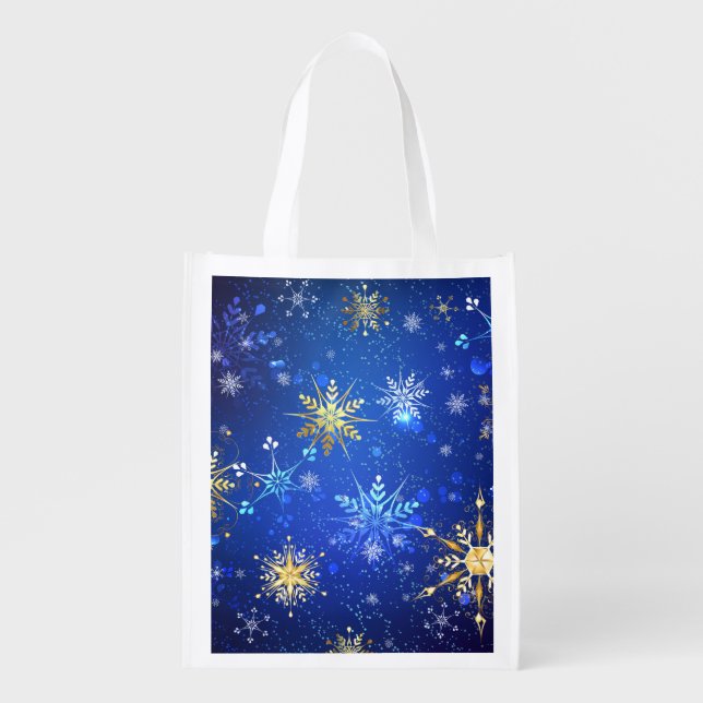 XMAS Blue Background with Golden Snowflakes Grocery Bag (Front)