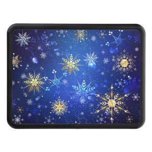 XMAS Blue Background with Golden Snowflakes Hitch Cover
