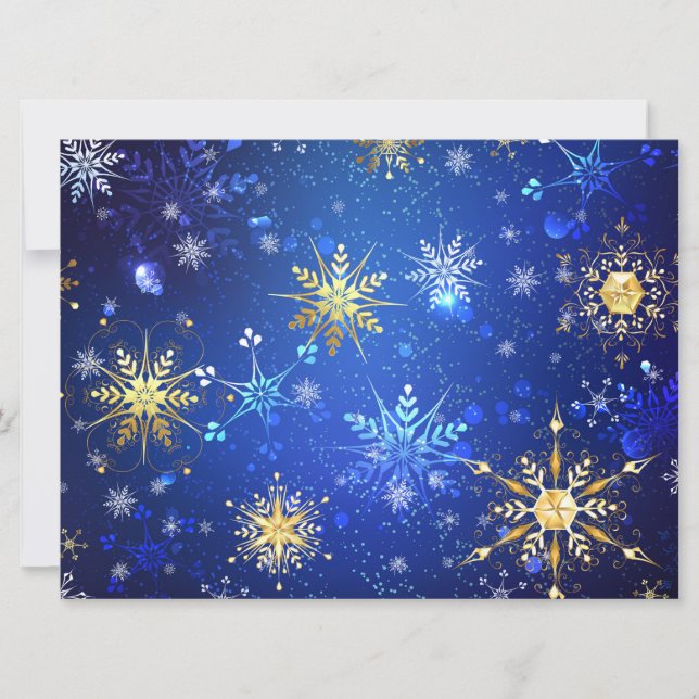 XMAS Blue Background with Golden Snowflakes Holiday Card (Front)