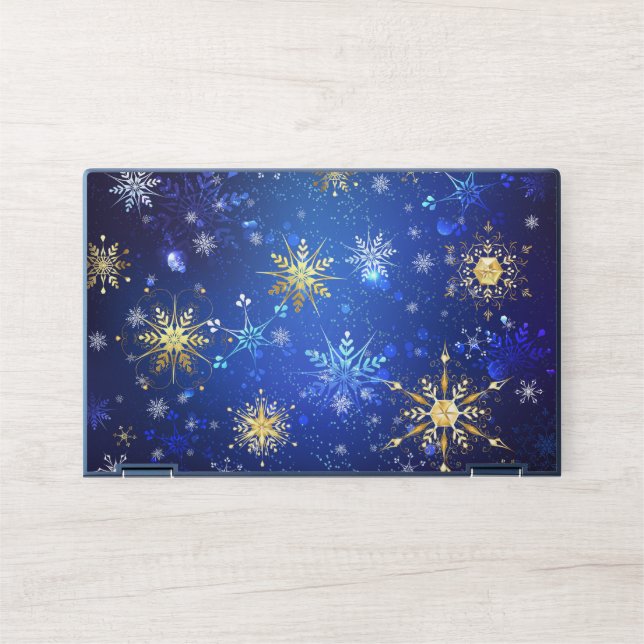 XMAS Blue Background with Golden Snowflakes HP Laptop Skin (Front)