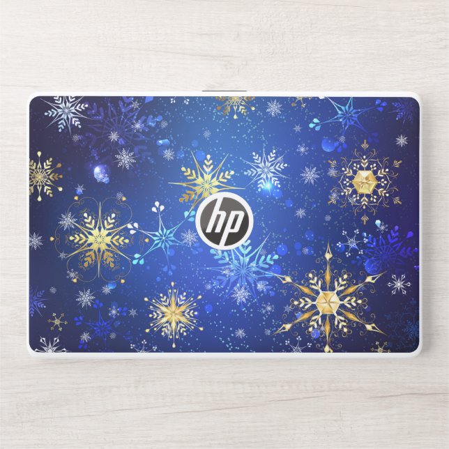 XMAS Blue Background with Golden Snowflakes HP Laptop Skin (Front)