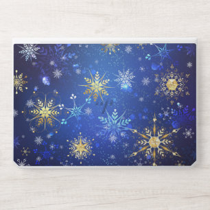 XMAS Blue Background with Golden Snowflakes HP Laptop Skin