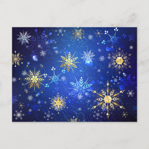 XMAS Blue Background with Golden Snowflakes Invitation Postcard