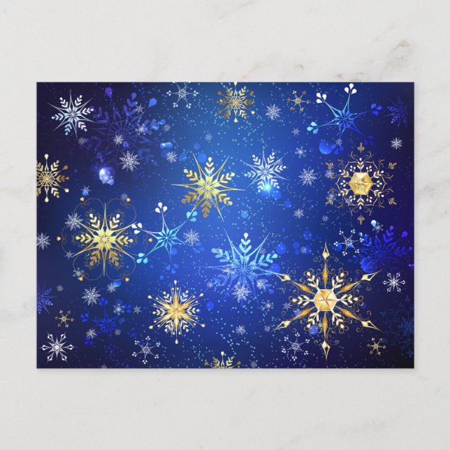 XMAS Blue Background with Golden Snowflakes Invitation Postcard (Front)