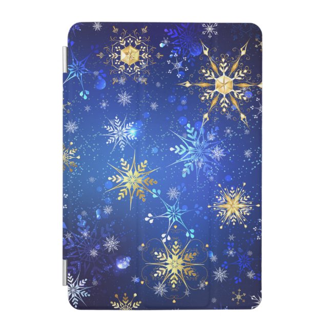 XMAS Blue Background with Golden Snowflakes iPad Mini Cover (Front)