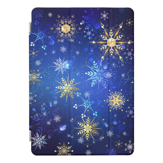 XMAS Blue Background with Golden Snowflakes iPad Pro Cover (Front)