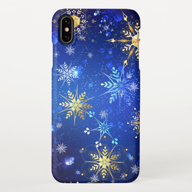 XMAS Blue Background with Golden Snowflakes iPhone Case (Back)