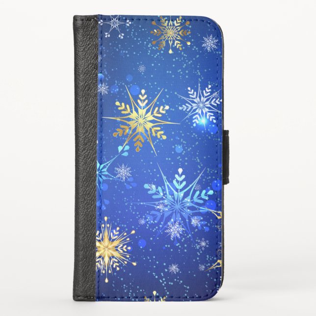 XMAS Blue Background with Golden Snowflakes iPhone Wallet Case (Front)
